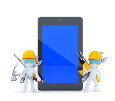 inşaat işçileri ile tablet pc.