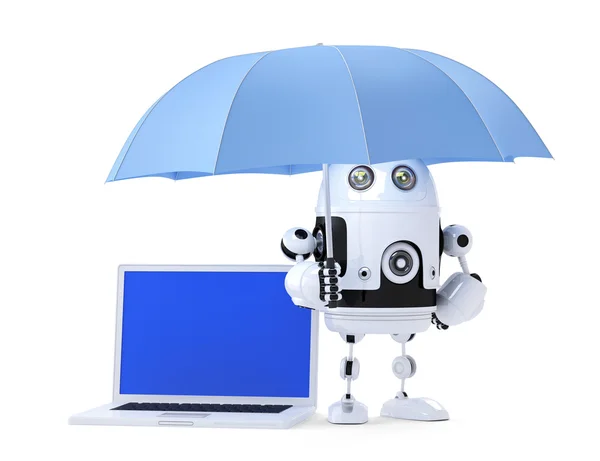 Android robot with laptop and umbrella. — Stock Photo, Image