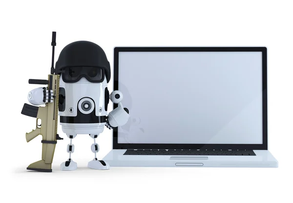 武装したロボット wih 空白スクリーンのラップトップ. — ストック写真