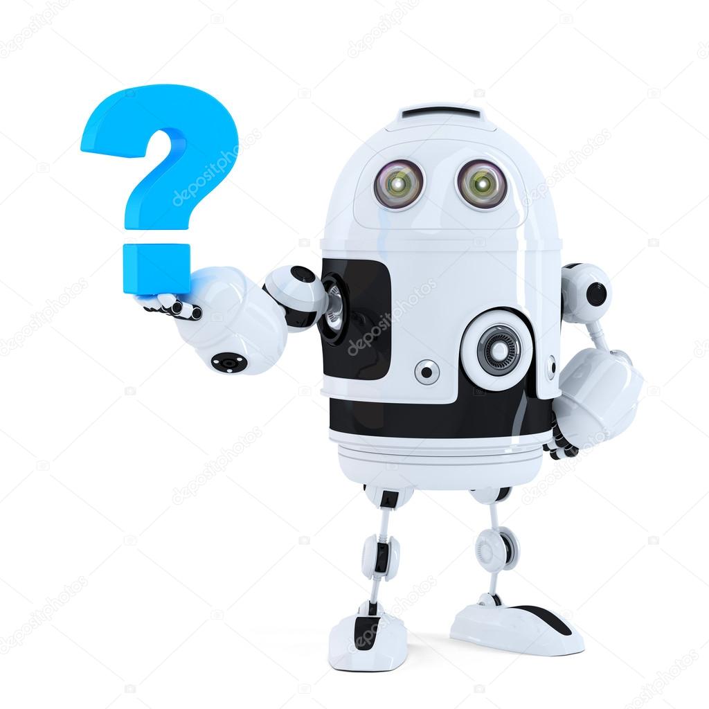Cute 3D robot with question mark. Isolated. Contains clipping path
