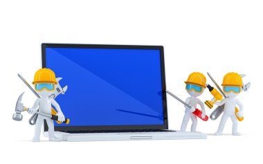 takım inşaat işçileri ile boş screnn laptop. izole. kırpma yolunu içerir