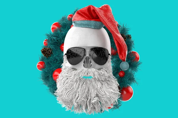 Череп Санта Клауса Фоне Рождественского Венка Рендеринг — стоковое фото