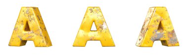 Metalik sarı grunge harflerinden oluşan alfabe seti A harfi. İzole edilmiş. 3B Hazırlama