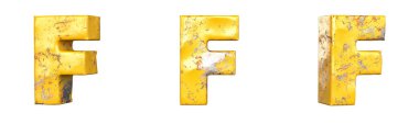 Metalik sarı grunge harflerinden oluşan alfabe seti F harfi. İzole edilmiş. 3B Hazırlama