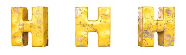 Alfabe seti metalik sarı grunge harflerinden H harfi. İzole edilmiş. 3B Hazırlama