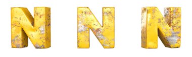 Alfabe alfabesindeki N harfi metalik sarı grunge harfleri. İzole edilmiş. 3B Hazırlama