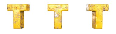 Metalik sarı grunge harflerinden oluşan alfabe seti T harfi. İzole edilmiş. 3B Hazırlama
