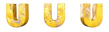 Alfabe seti metalik sarı grunge harflerinden oluşan U harfi. İzole edilmiş. 3B Hazırlama
