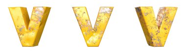Metalik sarı grunge harflerinden oluşan V harfi. İzole edilmiş. 3B Hazırlama
