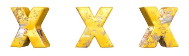 Alfabe seti metalik sarı grunge harflerinden X harfi. İzole edilmiş. 3B Hazırlama