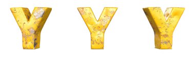 Alfabe seti metalik sarı grunge harflerinden Y harfi. İzole edilmiş. 3B Hazırlama
