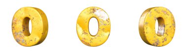 Metalik sarı grunge sayıları kümesinden 0 (0). İzole edilmiş. 3B Hazırlama
