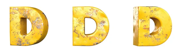 字母D来自一组金属黄色的Grunge字母 孤立无援3D渲染 — 图库照片