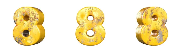 Número Ocho Conjunto Números Grunge Amarillos Metálicos Aislado Renderizado — Foto de Stock