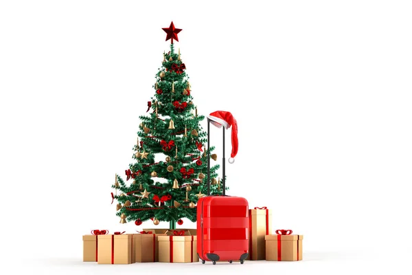 Χριστουγεννιάτικο Δέντρο Κουτιά Δώρων Και Βαλίτσα Ταξιδιωτική Ιδέα Απομονωμένο Πάνω — Φωτογραφία Αρχείου
