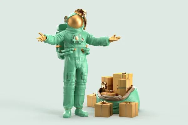 Астронавт Санта Мішком Різдвяних Подарунків Різдвяна Концепція Рендерінг — стокове фото
