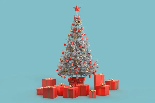 Árbol Navidad Decorado Muchos Regalos Diferentes Renderizado — Foto de Stock