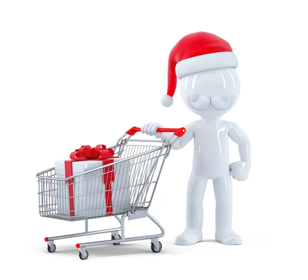 Santa Claus Pushing Shopping Cart Gift Box Isolated Rendering — 图库照片