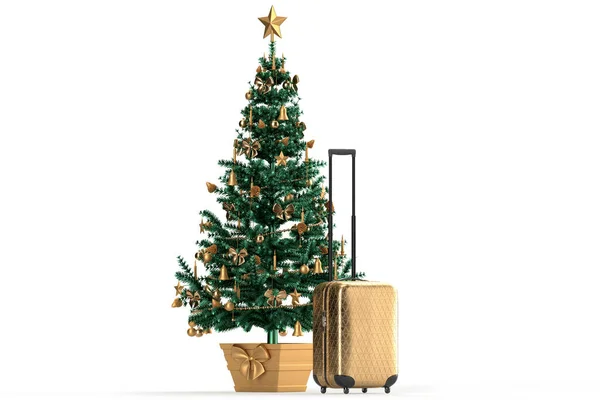 Festive Christmas Tree Suitcase Holiday Vacations Concept Isolated White Rendering — Fotografia de Stock
