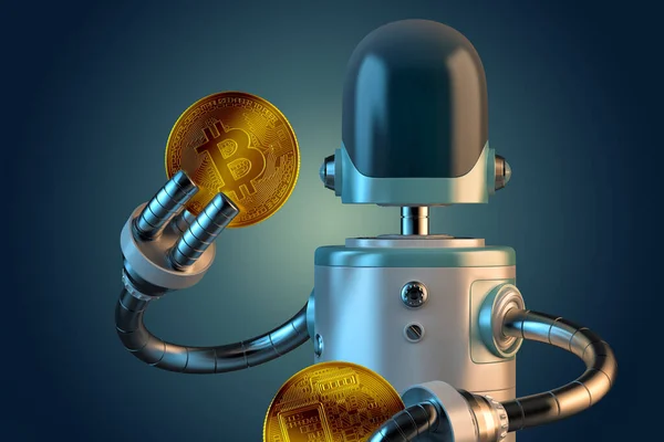 Robot Hold Bitcoin Coins Illustration Isolated — Stockfoto