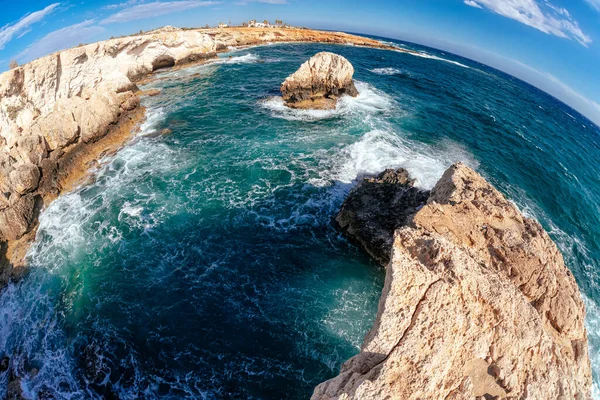 Wide Angled Shot Rocky Coast Caves Agia Napa Cyprus — Fotografia de Stock