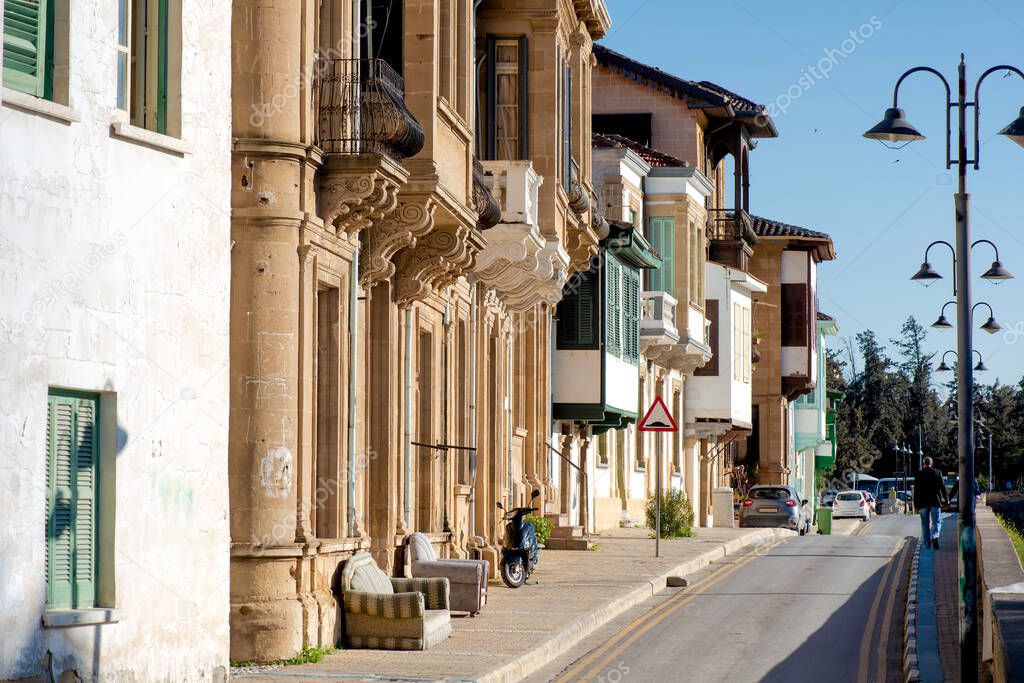 Old houses with stone carved balconies in Nicosia, Cyprus