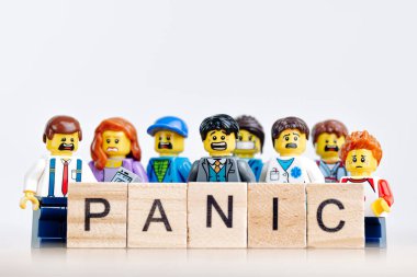 A group of various panicking people. Illustrative editorial. December 25, 2021
