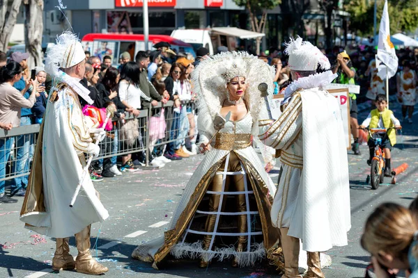 Limassol Chipre Março 2020 Mulher Vestindo Trajes Coloridos Durante Desfile — Fotografia de Stock