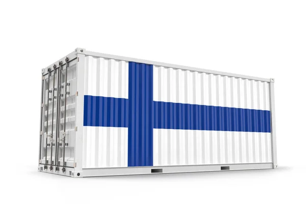 Realistisk Fraktcontainer Strukturerad Med Finlands Flagga Isolerad Återgivning — Stockfoto