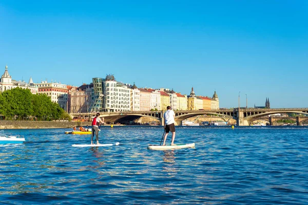 Stand Paddling Στον Ποταμό Vltava Πράγα Τσεχική Δημοκρατία — Φωτογραφία Αρχείου