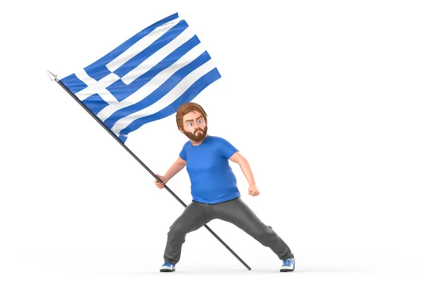 Man Proudly Holding Waving Flag Greece Isolated White Background Rendering — Stock Photo, Image