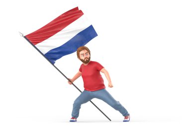 Adam gururla Hollanda bayrağını sallıyor. Beyaz arka planda izole edilmiş. 3B Hazırlama