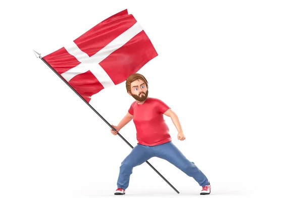 Man Proudly Holding Waving Flag Denmark Isolated White Background Rendering — Stock Photo, Image