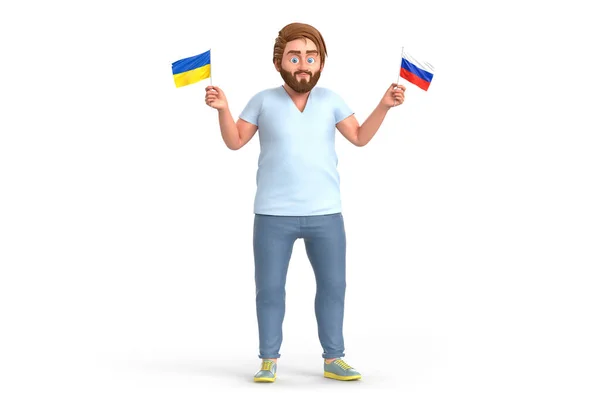 Smiling Man Holding Russian Ukrainian Flags Isolated White Background Rendering — 스톡 사진