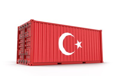Kargo konteynırı Türkiye Bayrağı ile desenli. İzole edilmiş. 3B Hazırlama