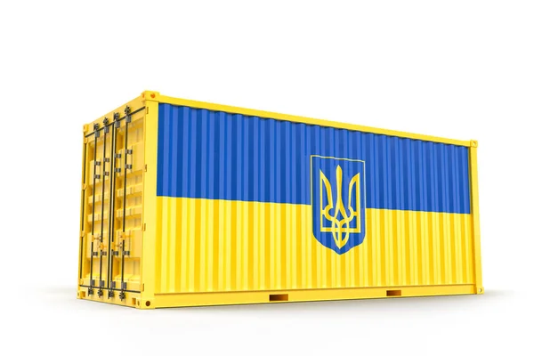 Přepravní Nákladní Kontejner Vlajkou Ukrajiny Erbem Izolovaný Vykreslování — Stock fotografie