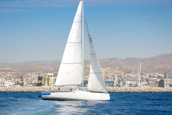 Sailing Boat Limassol Marina Background Limassol Cyprus — стокове фото