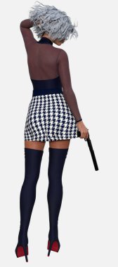 Zara 'nın tam arka plan portresi, beyaz bir arka planda duran, elinde susturuculu bir silah tutan, güzel, gümüş saçlı bir kadın. Zara, uzun çizmeler ve bluzla kısa bir denizci eteği giyen üç boyutlu bir çizim modeli..