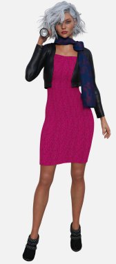 Zara 'nın tam boy portresi, izole edilmiş beyaz arka planda duran güzel, gümüş saçlı bir kadın. Zara, gümüş saçlı, mavi gözlü ve siyah deri ceketli kısa, pembe bir elbise giyen üç boyutlu resimli bir karakter modeli.. 