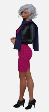 Zara 'nın tam boy portresi, izole edilmiş beyaz arka planda duran güzel, gümüş saçlı bir kadın. Zara, gümüş saçlı, mavi gözlü ve siyah deri ceketli kısa, pembe bir elbise giyen üç boyutlu resimli bir karakter modeli.. 