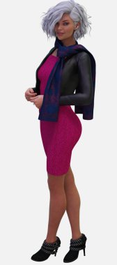 Zara 'nın tam boy portresi, izole edilmiş beyaz arka planda duran güzel, gümüş saçlı bir kadın. Zara, gümüş saçlı, mavi gözlü ve siyah deri ceketli kısa, pembe bir elbise giyen üç boyutlu resimli bir karakter modeli.. 