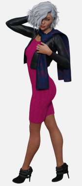 Zara 'nın tam boy portresi, izole edilmiş beyaz arka planda duran güzel, gümüş saçlı bir kadın. Zara, gümüş saçlı, mavi gözlü ve siyah deri ceketli kısa, pembe bir elbise giyen üç boyutlu resimli bir karakter modeli.. 