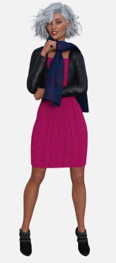 Zara 'nın tam boy portresi, izole edilmiş beyaz arka planda duran güzel, gümüş saçlı bir kadın. Zara, gümüş saçlı, mavi gözlü ve siyah deri ceketli kısa, pembe bir elbise giyen üç boyutlu resimli bir karakter modeli.. 