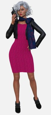 Zara 'nın tam boy portresi, izole edilmiş beyaz arka planda duran güzel, gümüş saçlı bir kadın. Zara, gümüş saçlı, mavi gözlü ve siyah deri ceketli kısa, pembe bir elbise giyen üç boyutlu resimli bir karakter modeli.. 