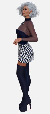 Zara 'nın uzun bir yan portresi, izole edilmiş beyaz arka planda duran güzel, gümüş saçlı bir kadın. 3B illüstrasyon karakter modeli oluşturucu.