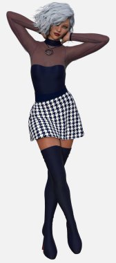 Zara 'nın tam boy portresi, genç, gümüş saçlı, elleri başının arkasında duran, izole beyaz bir arka planda bacak bacak üstüne atmış bir kadın. 3B illüstrasyon karakter modeli oluşturucu.