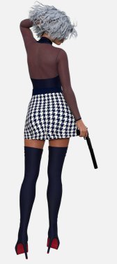 Zara 'nın tam boy dikiz manzaralı portresi, izole edilmiş beyaz bir arka planda silah tutan güzel, gümüş saçlı bir kadın. 3B illüstrasyon karakter modeli oluşturucu.