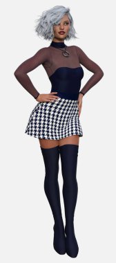 Zara 'nın tam boy portresi. İzole edilmiş beyaz bir arka planda duran güzel, gümüş saçlı bir kadın. 3B illüstrasyon karakter modeli oluşturucu.