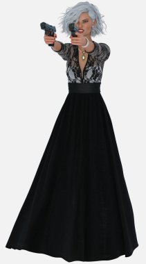 Güzel, gümüş saçlı, siyah bir balo elbisesi giyen ve izole edilmiş beyaz bir arka planda duran genç bir kadının tam boy portresi. 3B illüstrasyon karakter modeli oluşturucu.