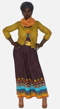 Agatha 'nın tam vücut portresi, beyaz arka planda beyaz saçlı, güzel, yaşlı bir kadın. Agatha, renkli sarı deri ceketli, uzun kahverengi bir elbise giyen 3D resimli bir karakter modeli..